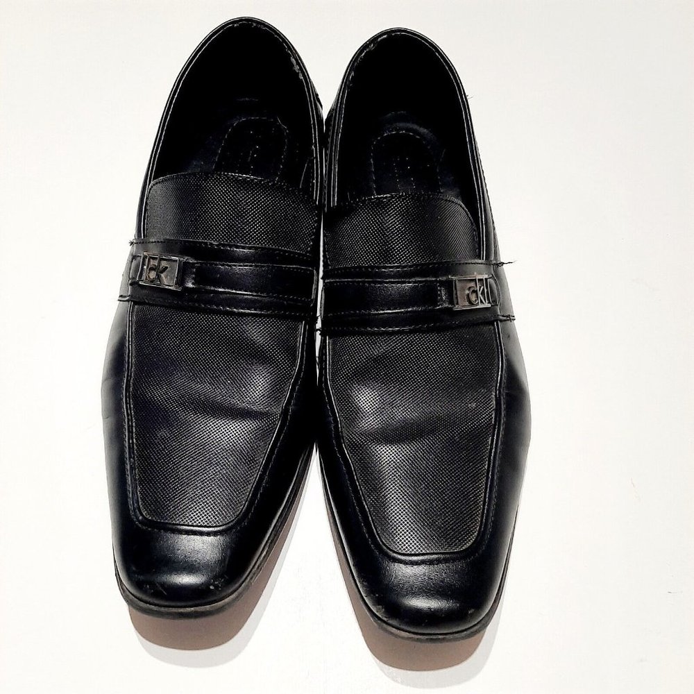 Calvin Klein Men's Black Leather Logo Slip On Comfort Loafers Size 10